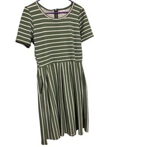 LuLaRoe Amelia Dress Striped Green White Short Sleeve Casual Pockets Zip‎ XL EUC